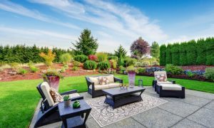 Impressive backyard Norman Landscape design. Cozy patio area